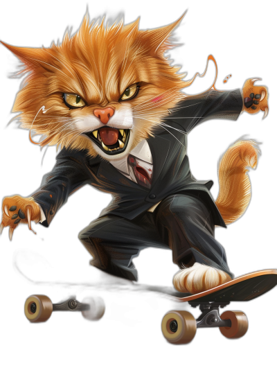 a cartoon illustration of an angry ginger cat in business suit riding on skateboard, black background, hyper realistic game item, rpg style