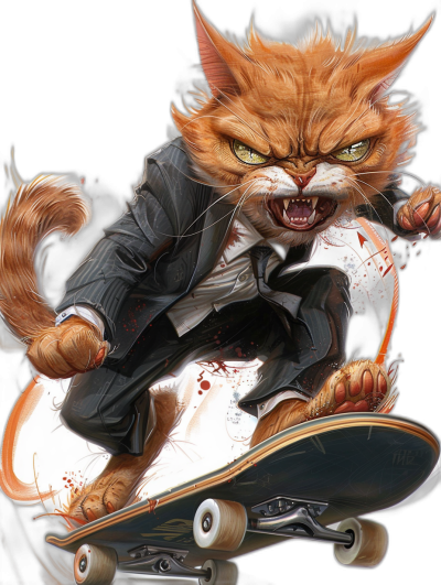 A ginger cat in a suit, with an angry face riding on a skateboard, detailed background, fantasy art style, in the style of [Alex Toth](https://goo.gl/search?artist%20Alex%20Toth), full body shot, action pose, high resolution, hyper realistic, in the style of [Greg Rutkowski](https://goo.gl/search?artist%20Greg%20Rutkowski)