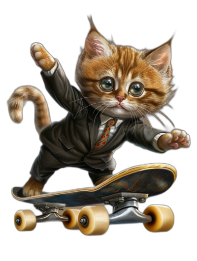 A cute cat in a suit and tie riding on a skateboard, vector illustration in the style of [Grzegorz Domaradzki](https://goo.gl/search?artist%20Grzegorz%20Domaradzki), fantasy art style, black background, hyper realistic, hyper detailed.