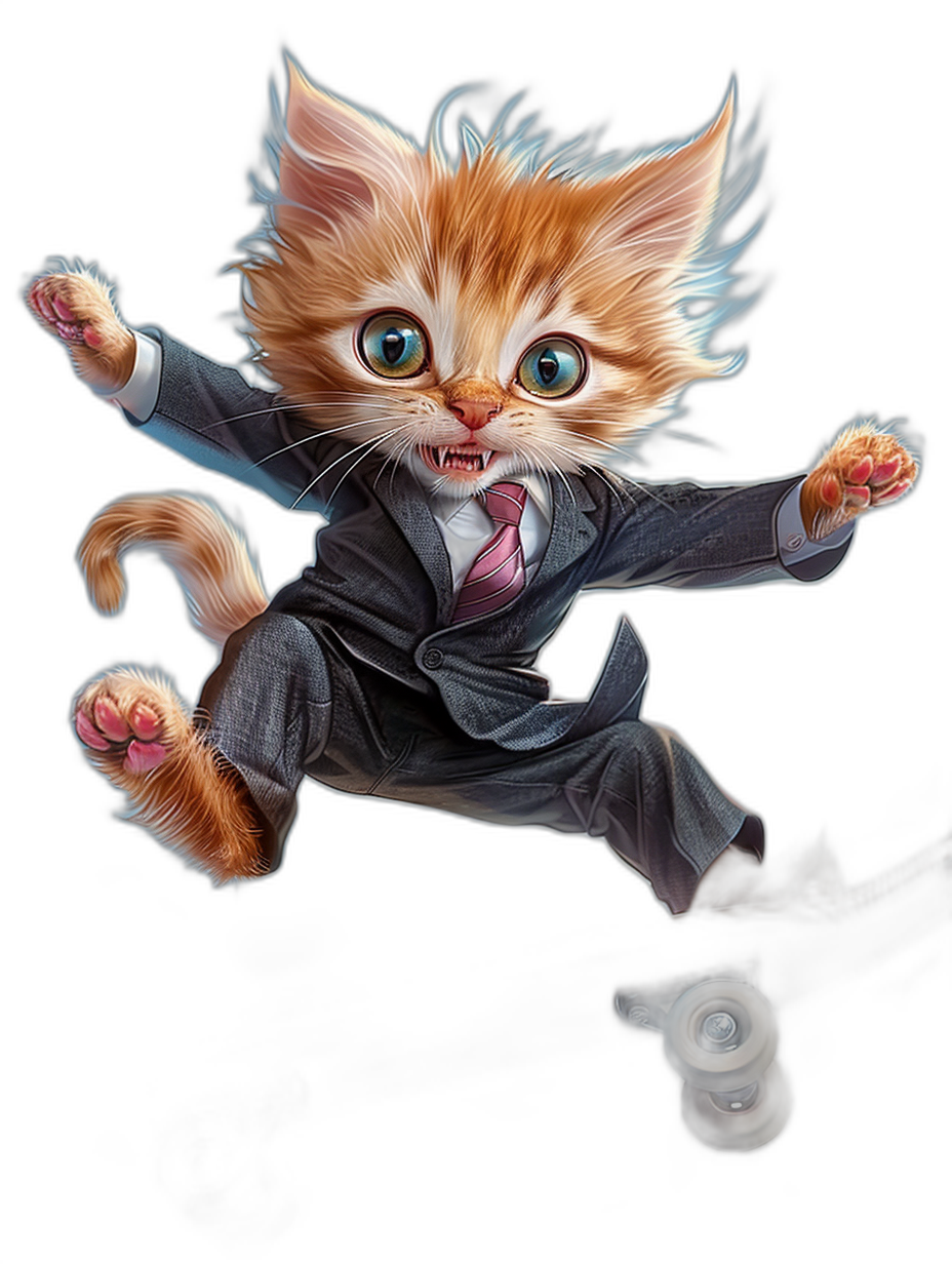 digital art of cute kitten in suit , soaring and flying, black background, cat is smiling with teeth showing , wearing tie, full body, funny action