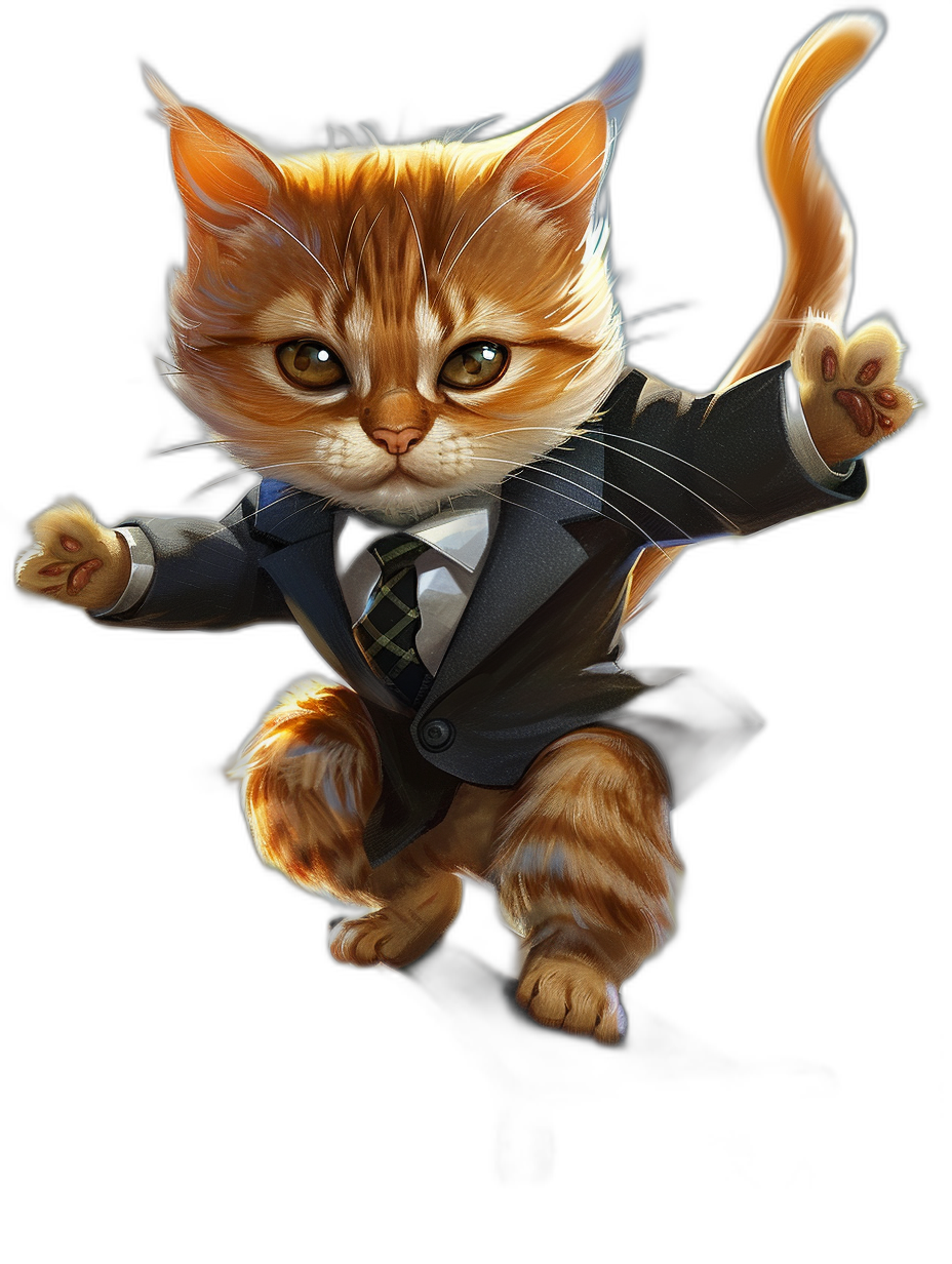 digital art of cute kitten in suit , playful character designs leaping and pointing to the sky, black background , concept art by Pixar studio , ginger cat with brown hair