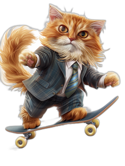 a realistic digital illustration of an orange long hair cat wearing business suit and tie, riding on skateboard , black background, full body portrait