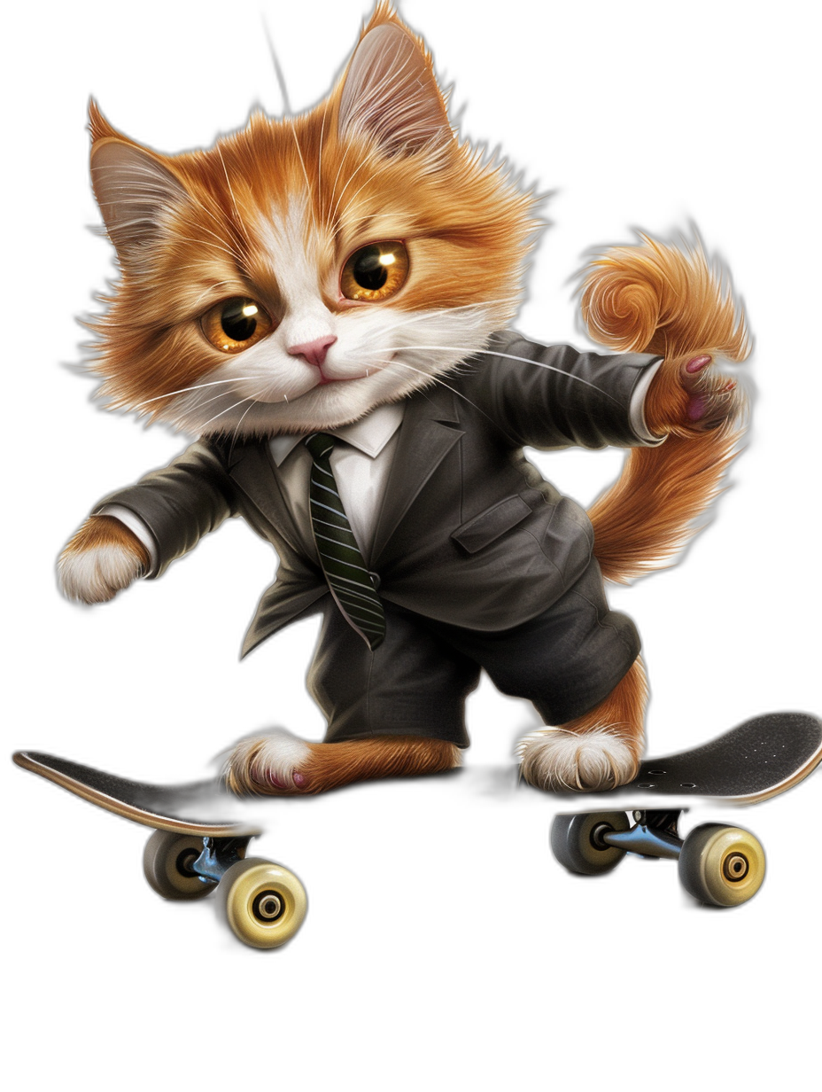 A ginger cat in a suit and tie riding on a skateboard, vector art, black background, cute cartoon style, digital painting, high resolution, high detail, t-shirt design in the style of digital painting.