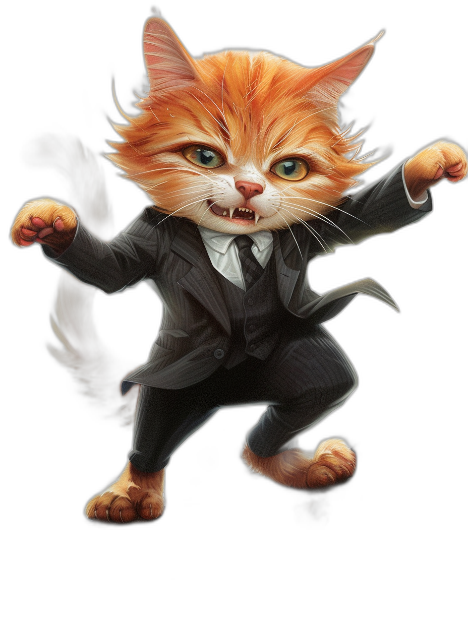 A cute ginger cat in a suit, jumping with sharp claws and a full body against a black background, digital art in the style of [WLOP](https://goo.gl/search?artist%20WLOP), [Greg Rutkowski](https://goo.gl/search?artist%20Greg%20Rutkowski) and [Magali Villeneuve](https://goo.gl/search?artist%20Magali%20Villeneuve).