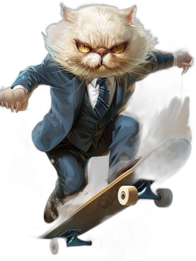 A white fluffy cat wearing a blue suit and tie, riding on a skateboard with an angry face, on a black background, in the style of digital art.