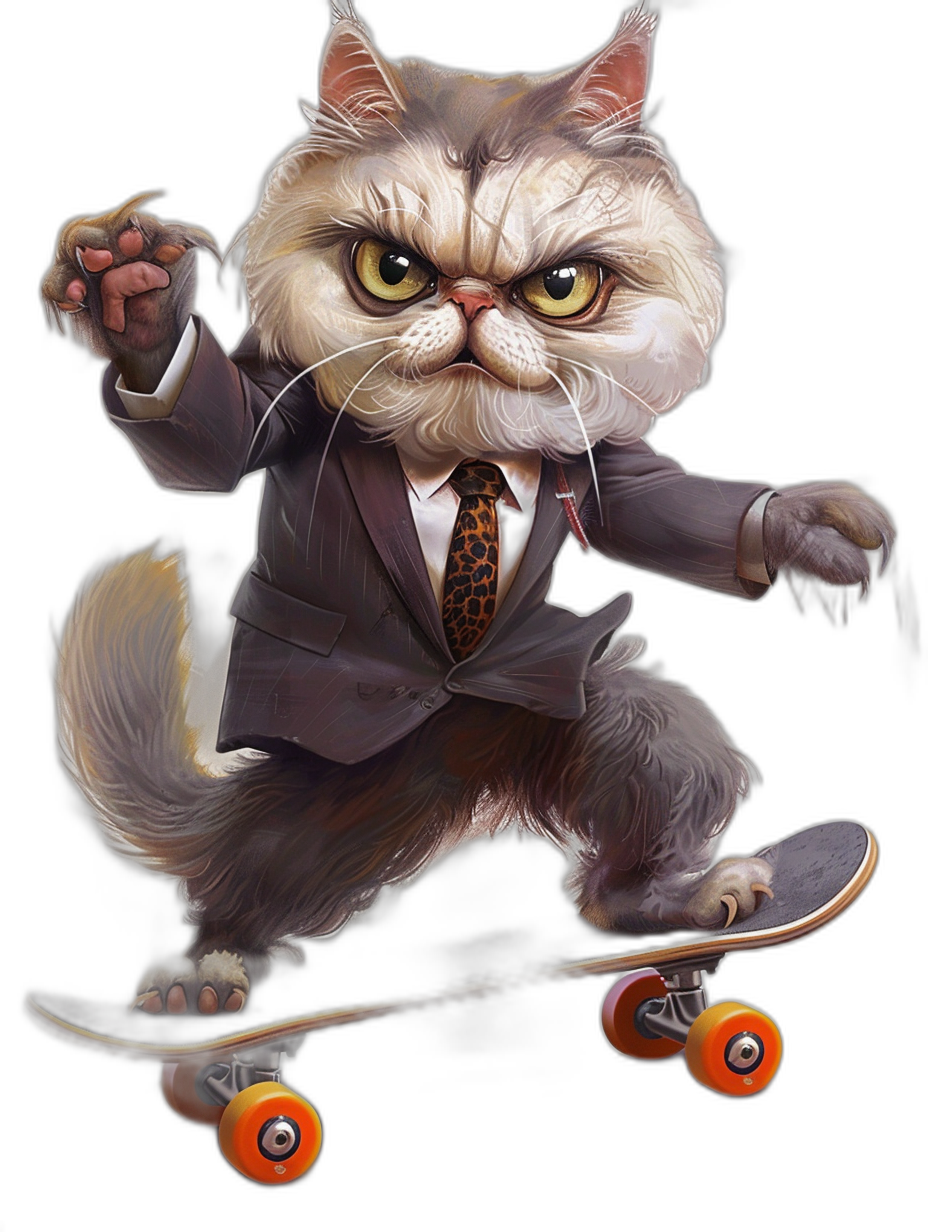 realistic digital detailed illustration of an angry persian cat in suit and tie riding on skateboard, black background, full body portrait, detailed character illustrations, cartoon style, 2d game art