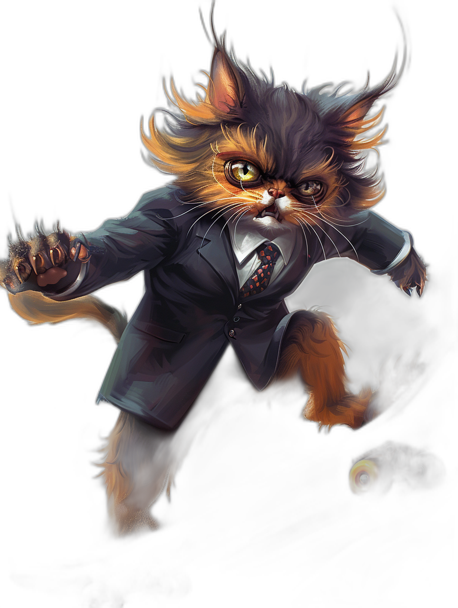 A cute fluffy furry Persian cat in a suit with a tie, jumping in a fighting pose, black background, concept art in the style of Pixar, cgsociety, dnd character design