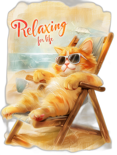 t-shirt design with the text "Relaxing for life", an orange cat wearing sunglasses, lying on a beach chair at vacation, in the style of a vector style illustration, with detailed background elements, as a full body shot, with a white and yellow color palette, featuring detailed shading, and detailed line work, as a high resolution image.