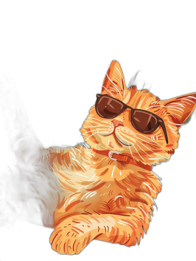 A digital illustration of an orange cat wearing sunglasses lounging on a vector art black background. The illustration is in the style of vector art.