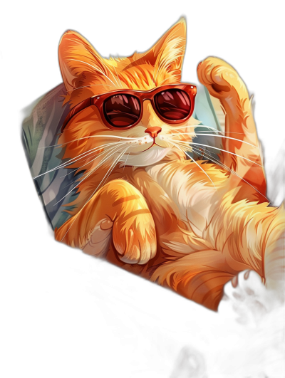 digital art of cool and fat orange cat , wear sunglasses, hand holding phone in the car , black background , chill vibe , relaxed pose