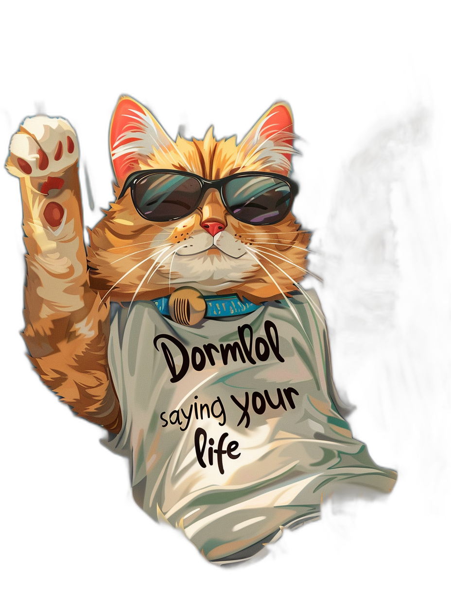 t-shirt design with the text “Dormmelon saying your life”, a cat wearing sunglasses and a tshirt, vector art illustration, isolated on black background, white outline, in the style of digital airbrushing, 2d game graphics style, flat shading, detailed character illustrations, sticker style, a cute cartoon cat waving its paw out in front of it