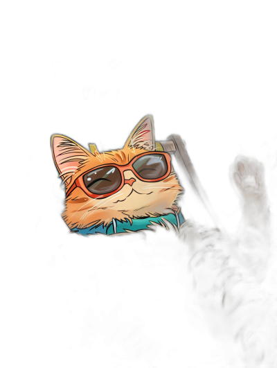 digital art of a cute and fat orange cat, wearing sunglasses with a blue collar, holding a phone in hand waving to the camera, black background, in the style of minimalism art.