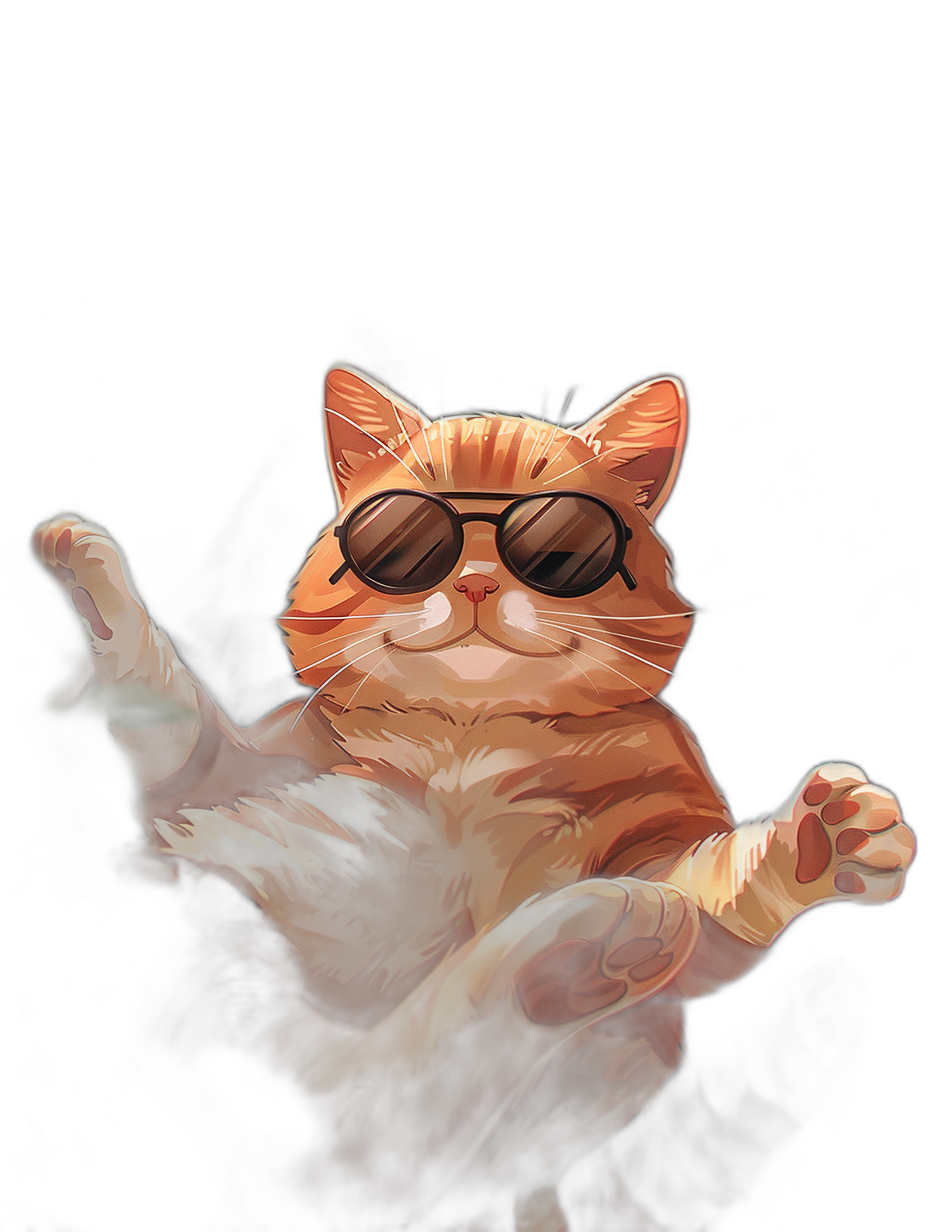 digital art of a cute and fat orange cat, wearing sunglasses, hand up in the air doing a rock on gesture, black background, in the style of painting.