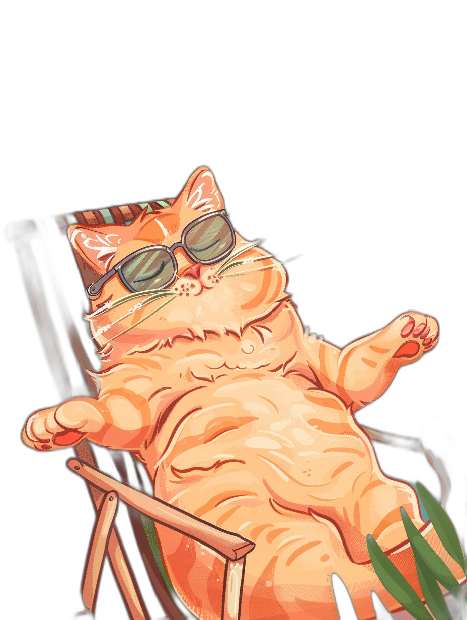 digital art of a cool and fat orange cat, the orange cat is lying on a lawn chair with sunglasses, wearing an oversized t-shirt, black background, pastel tones, chill atmosphere, cute illustration, full body portrait in the style of.