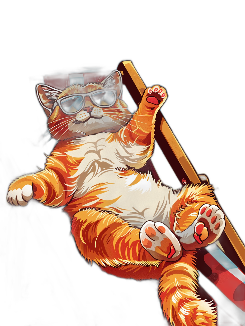 digital art of a cute and fat orange cat wearing sunglasses, the kitten is lying on a beach chair with one leg up against a black background, in the style of minimal style