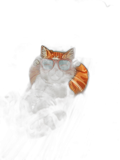 digital art of a cool fat orange cat, wearing sunglasses, hand up in a dark room with a black background and light from behind its head, minimal style, chill and cute. The art is in the style of minimal.