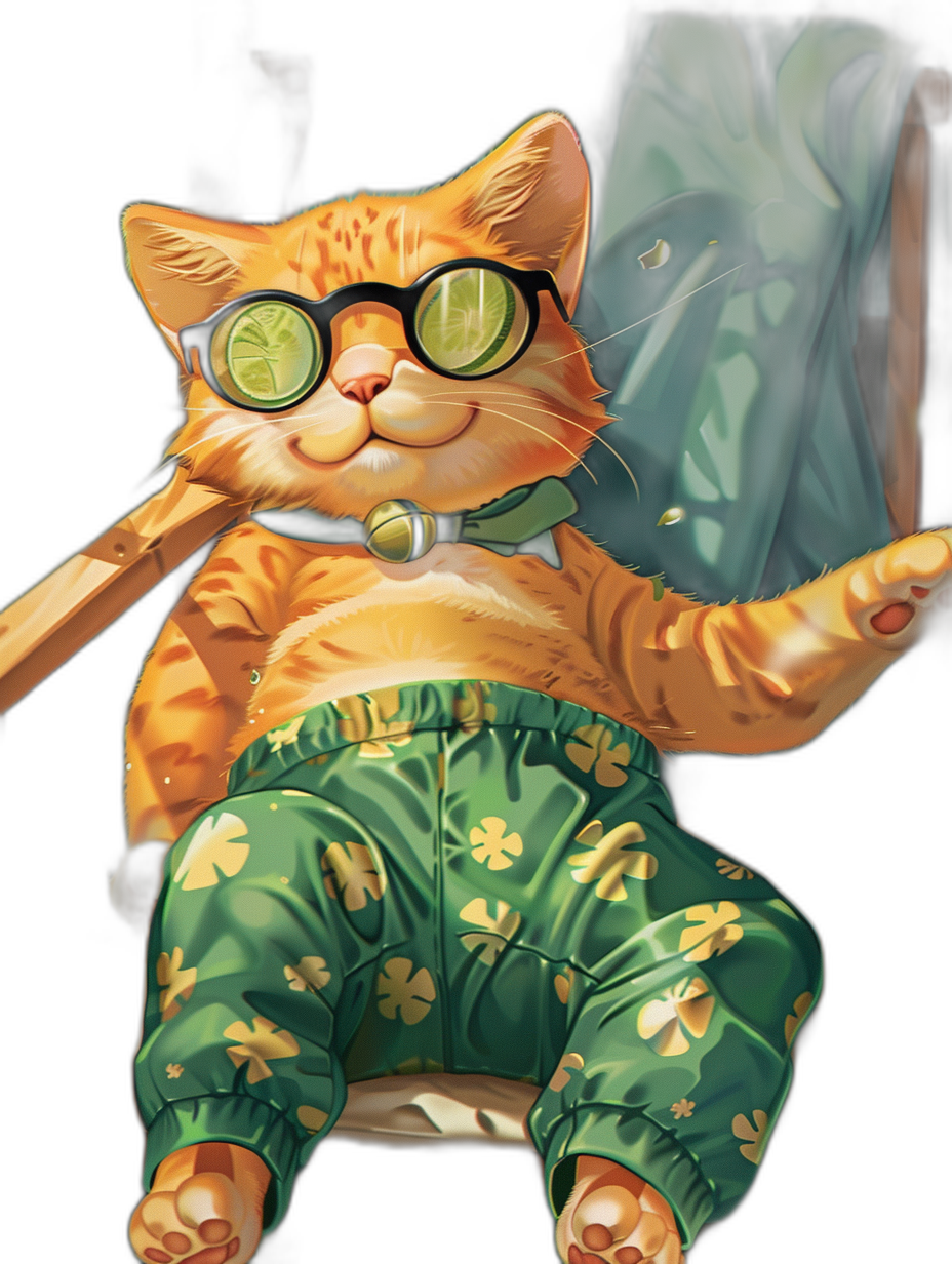 digital art of a cool and fat orange cat, the eyes are green and wearing glasses with a clover pattern shirt, wearing pants in a light blue color with a four leaf shamrock print, sitting on a chair holding a  bag against a black background.