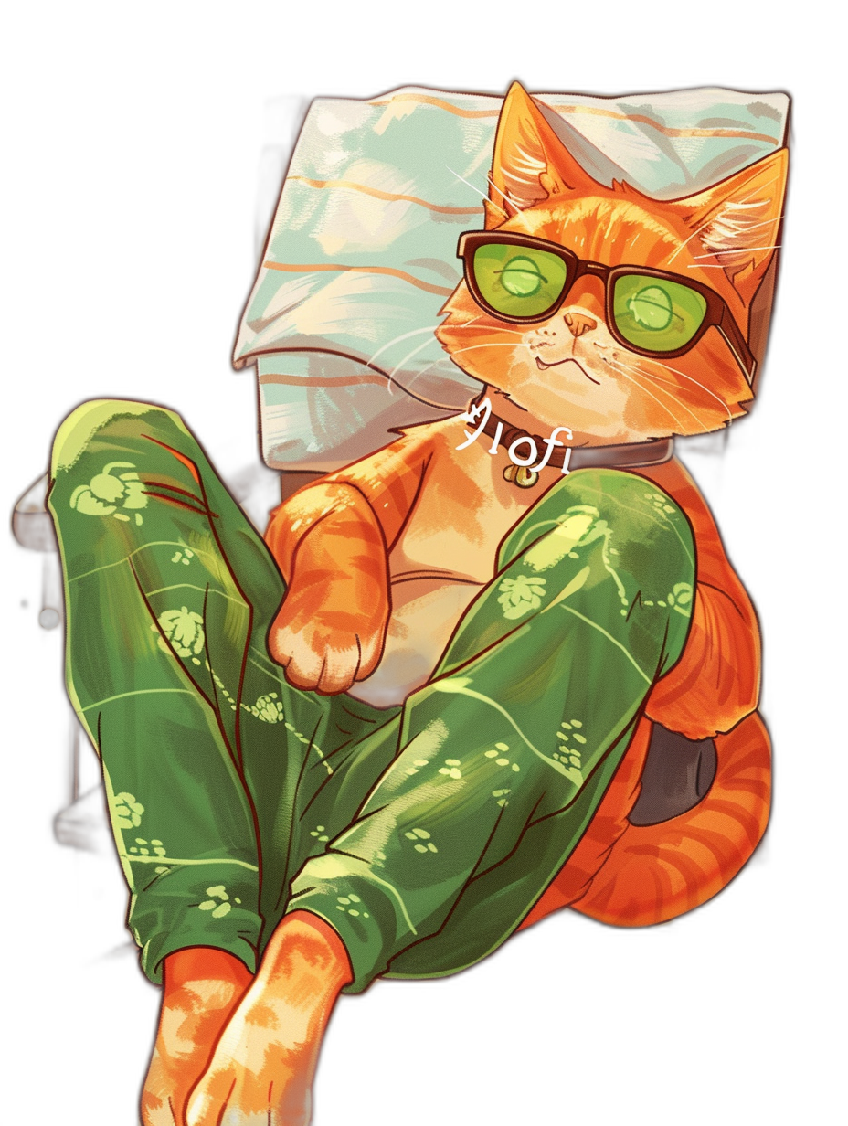 A cartoon orange cat wearing green pajama pants and glasses is lying on the sofa, with “rIofii” written in white letters on his chest. The background color of black has an anime aesthetic. It features a close-up shot of the character from above, with high resolution. In the style of digital painting, it includes a hand-drawn illustration. This artwork showcases a cute design.