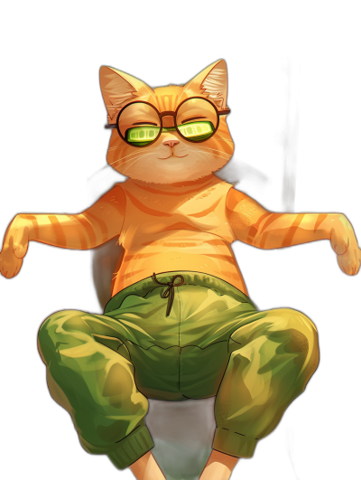 A cute orange cat with glasses and green pants doing yoga against a black background, in the digital art style of [Kawacy](https://goo.gl/search?artist%20Kawacy), with a cute anime style.