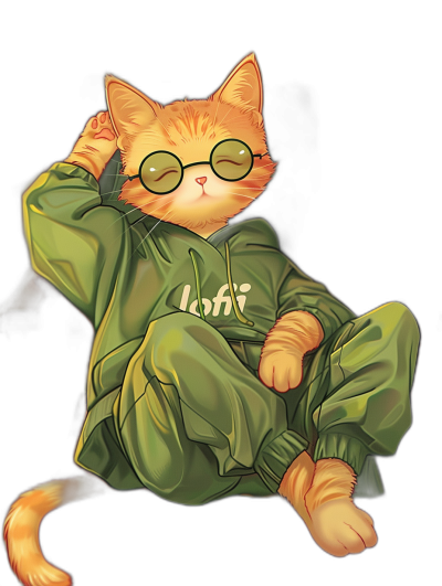 A cute orange cat, wearing glasses and green pajamas with the word "lofi" printed on them, is sitting cross-legged in the style of anime. The background color has been replaced by white to highlight details. This illustration combines cartoon elements and soft lighting effects, creating a warm atmosphere. It showcases high resolution and intricate textures that make it look incredibly realistic. I can't believe how beautiful this is!