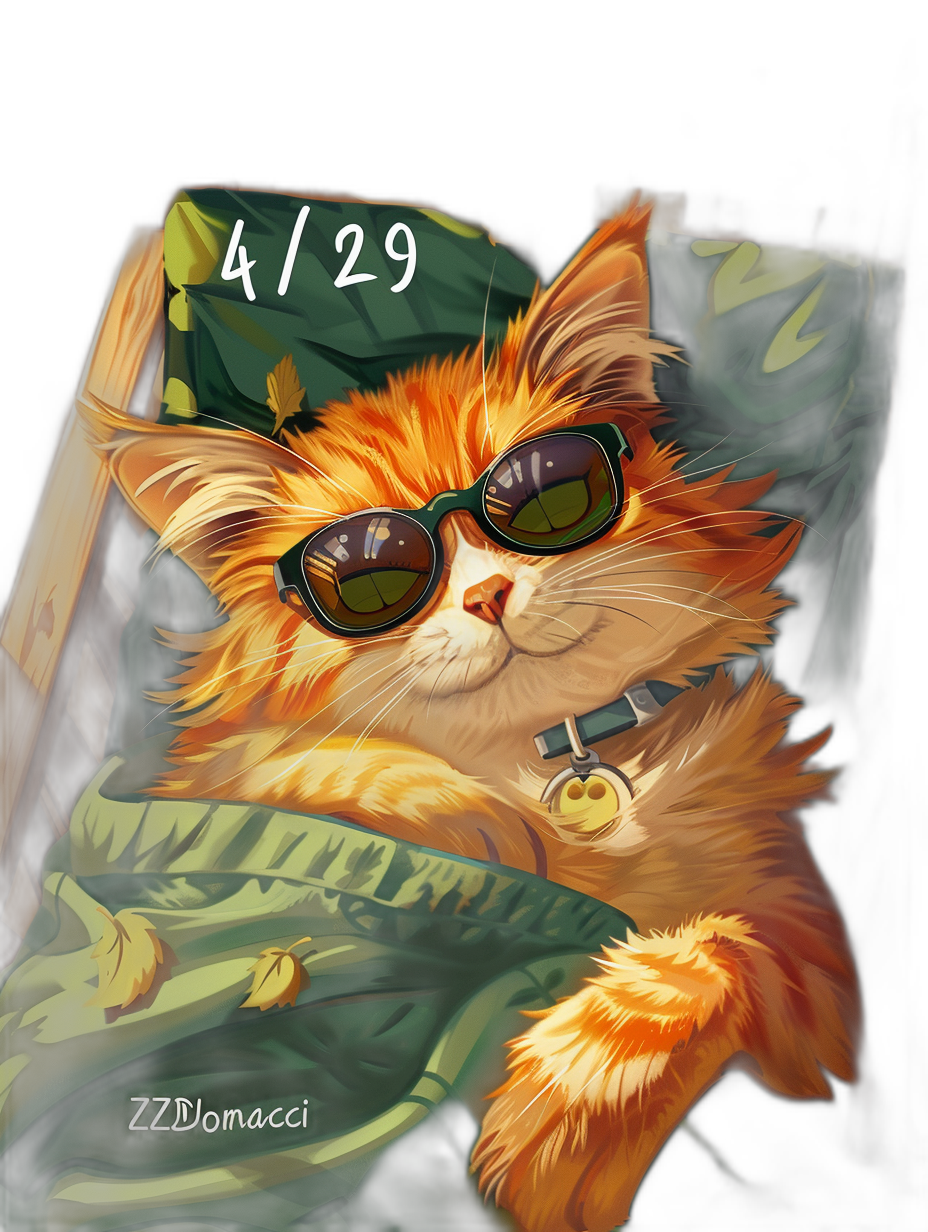 An orange cat wearing sunglasses laying in bed, the word “4/29” written on top of its head, cartoon style, green blanket, black background, digital art in the style of [Kawacy](https://goo.gl/search?artist%20Kawacy) and [Greg Rutkowski](https://goo.gl/search?artist%20Greg%20Rutkowski), digital painting, trending Pixiv fanbox, acrylic palette knife techniques, artstation high definition artwork.