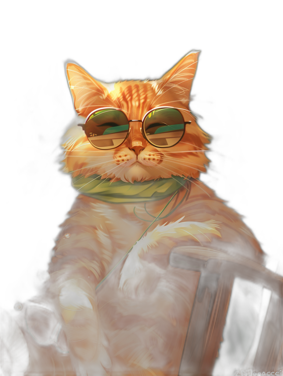 digital art of a cool fat orange cat, wearing sunglasses and a green scarf, sitting on a chair in the style of Disney, black background, warm color tone