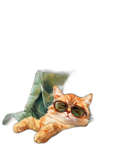 digital art of cute and fat orange cat , wear sunglasses, holding the phone with one hand and lying on top of green bag . black background , minimal style , chill and funny