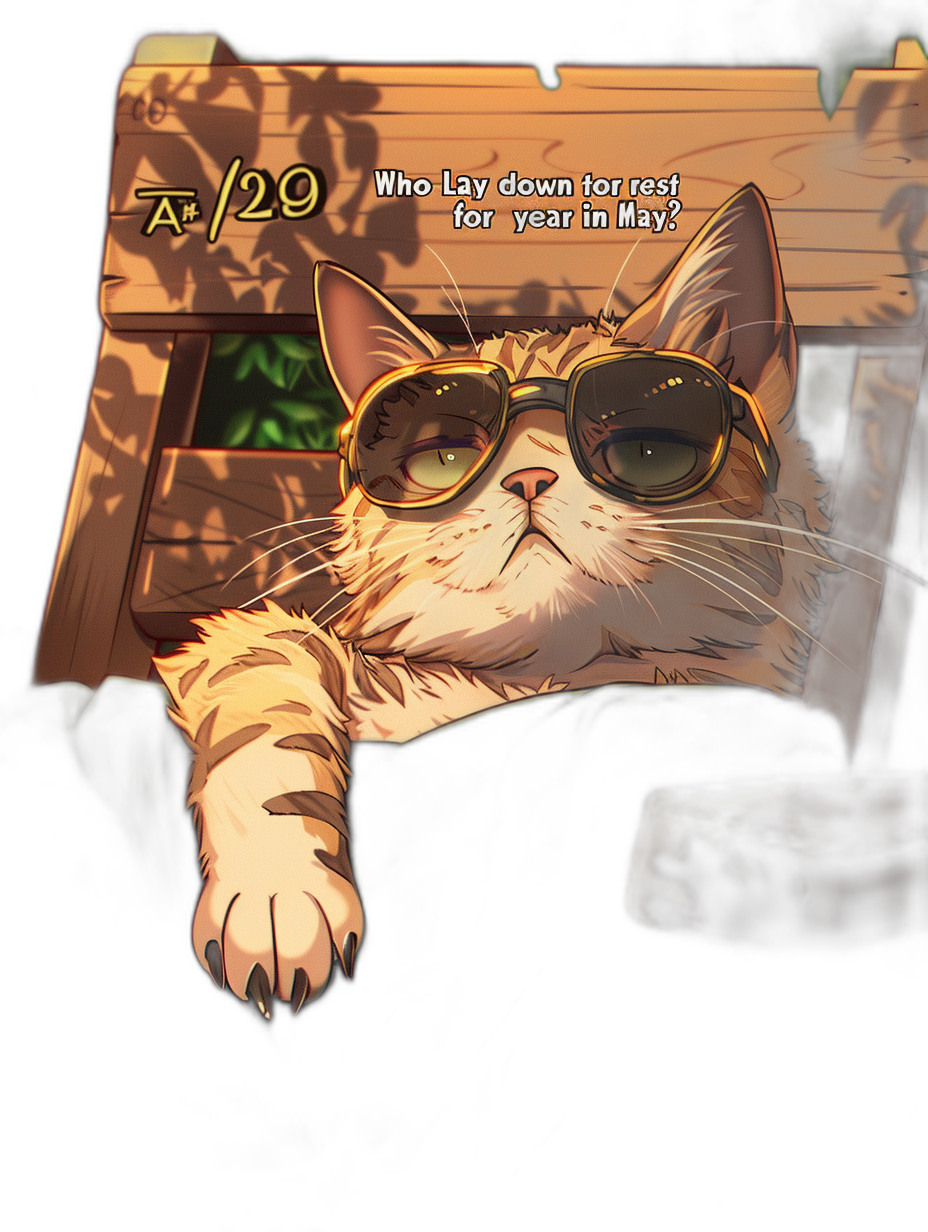 A cute cat wearing sunglasses, lying down on the sofa with his head resting in one hand and looking affectionately. The text “9/20 who lay down to rest for year? May I have your name?” is written above it. In the style of anime. Aesthetically pleasing background.