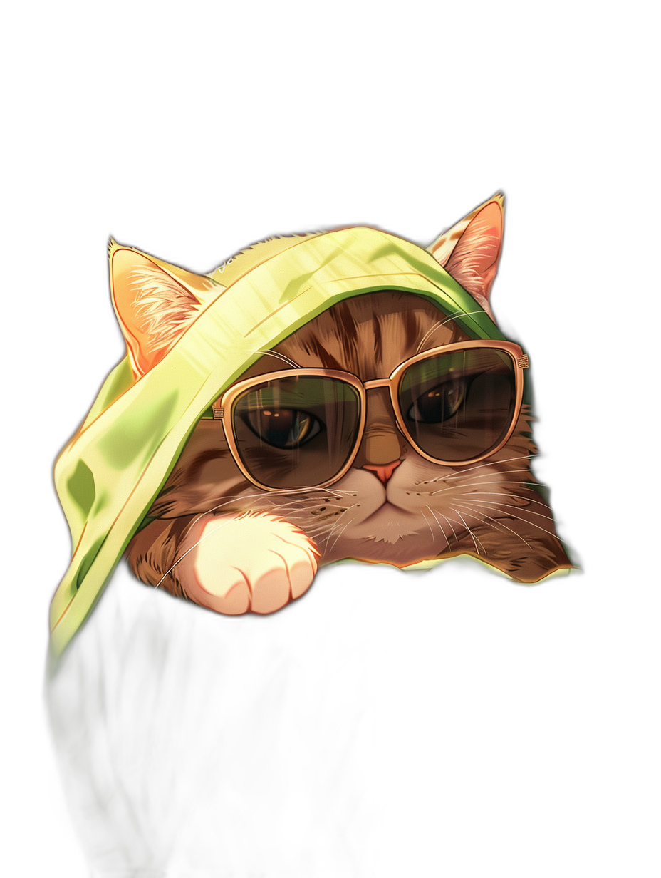 digital art of a cute kitten, wearing sunglasses and a green cape, covered in the style of the hat, minimal style, chill expression on a black background