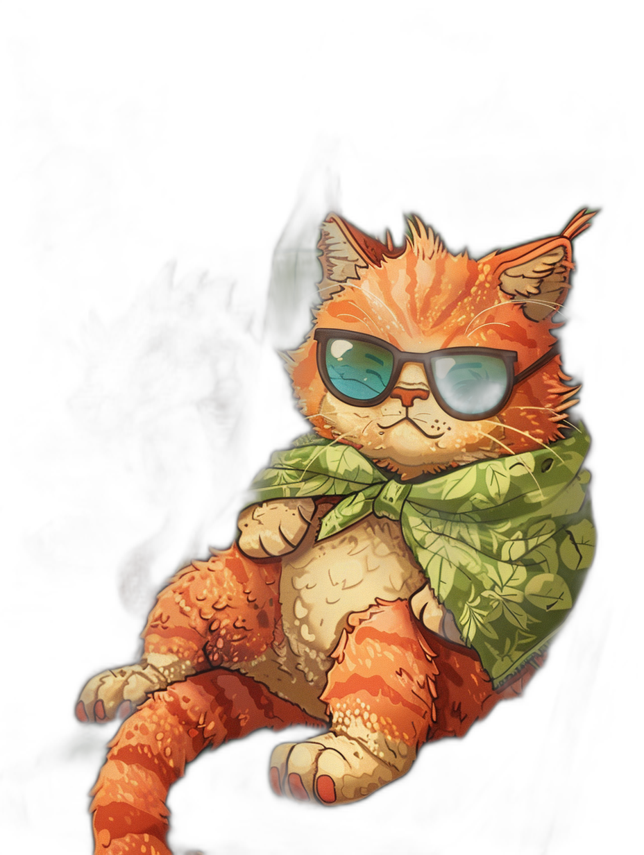 digital art of cool fat orange cat , wearing sunglasses and green bandana around the neck, black background , chill expression , one leg up on his chest , cute digital painting