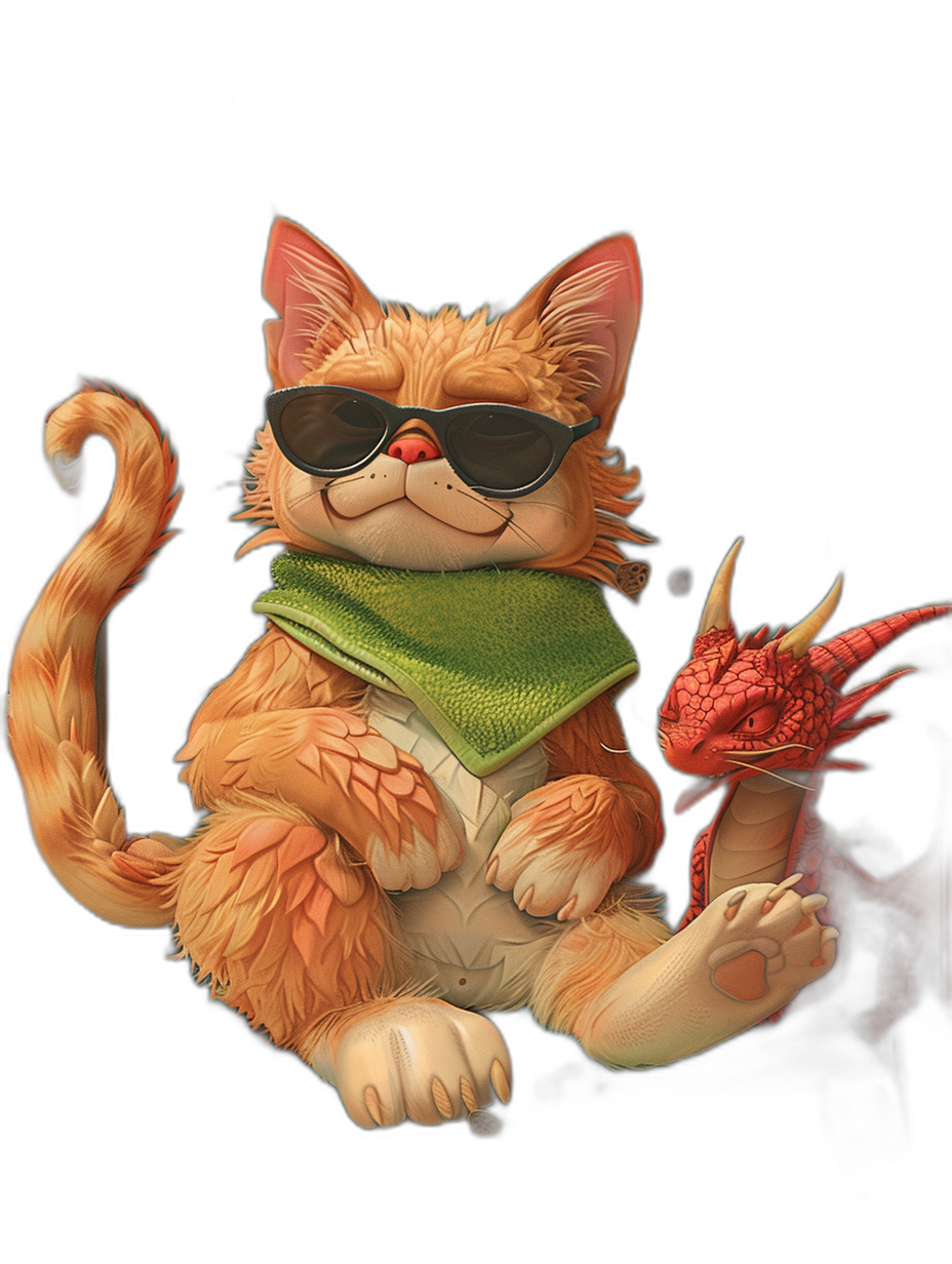 A cute ginger cat with sunglasses and a green bandana sitting next to an adorable red dragon on a black background, in the style of digital art illustration. Detailed character illustrations in the style of cartoon realism and caricature, with a full body portrait in the style of hyper-realistic pop and a cartoon mis-en-scene.