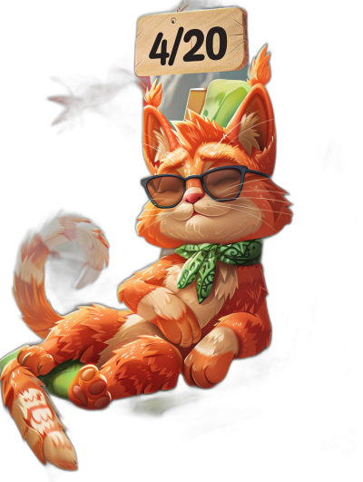 Give me the number "4/20" on an orange cat wearing glasses and a green scarf, on a black background in a cartoon style similar to League of Legends splash art.