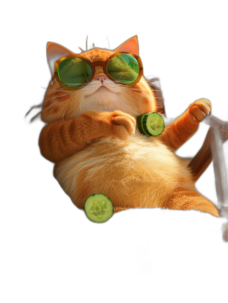 chubby ginger cat with sunglasses, lying on the massage chair and cucumber slices under his paws, black background, hyper realistic photography