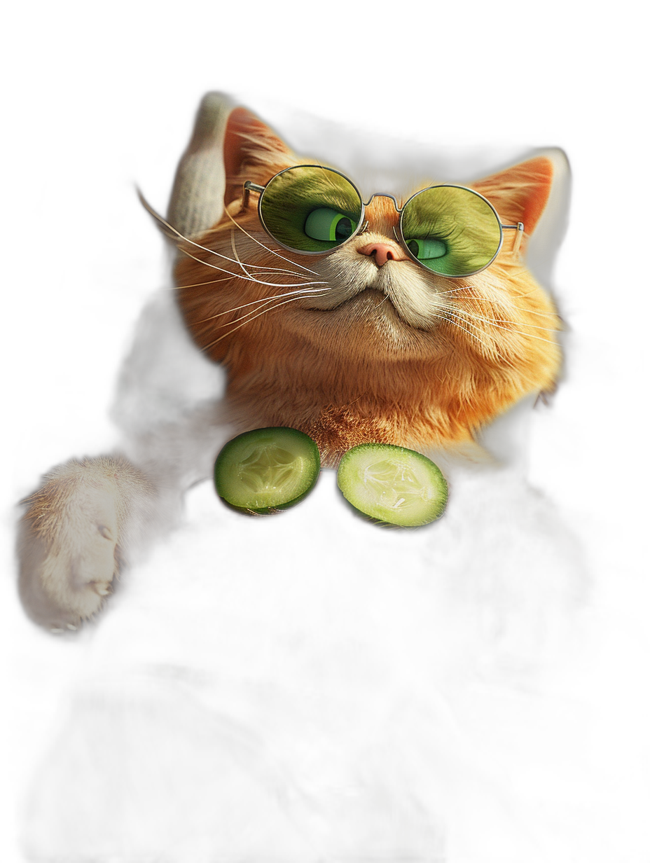 A cat with round sunglasses and cucumber slices on its eyes is lying down, looking up at the camera with a black background and backlighting. The style is similar to Pixar, with 3D rendering doing a full body portrait with a cute expression. Soft light and warm colors are used, with high saturation and rich details that clearly express joy. The cat appears to be in .