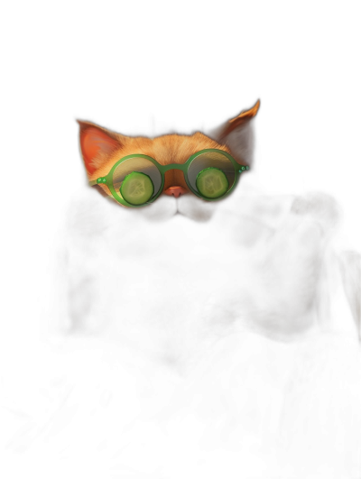 A cute cat wearing cucumber goggles, dark background, light and shadow, cartoon style, minimalist design, low saturation colors, hyper-realistic, octane rendering, high resolution photography, masterpiece