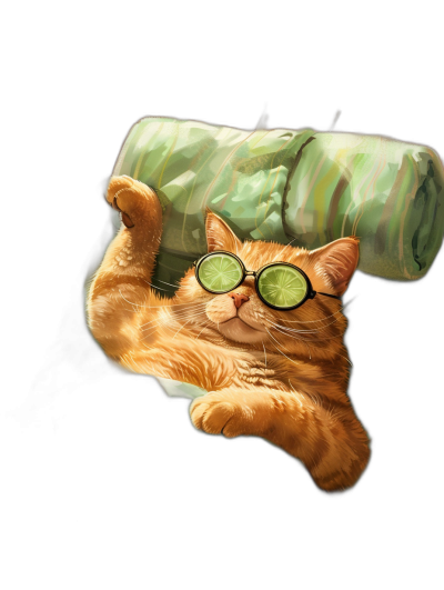 digital art of a cute and fat orange cat wearing sunglasses, the kitten is hanging upside down on a green roll sleeping with a black background in the style of minimal style, soft light, portrait photography