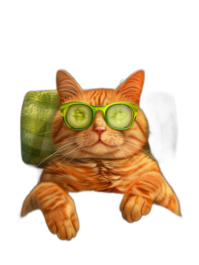 A ginger cat with green glasses and cucumber on his eyes lying in a spa chair, against an isolated black background, in the style of a funny style, with high resolution, like a professional photograph, appearing super realistic.