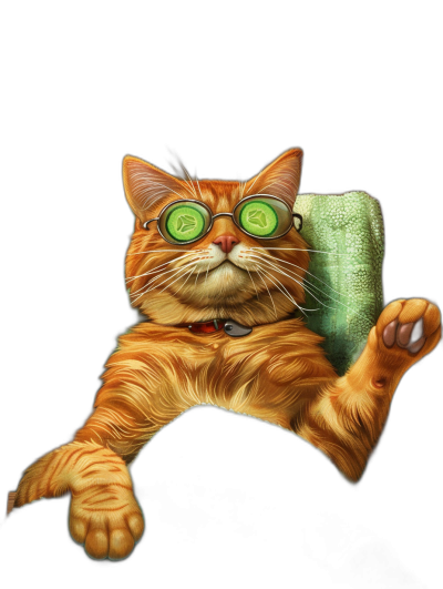 illustration of an orange cat with glasses and cucumber on his eyes lying down in the spa, green towel behind its back, black background, funny, cute, colorful, digital art