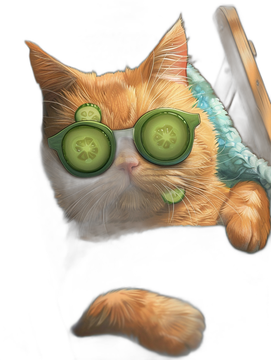 digital art of cute and fat orange cat wearing cucumber on eyes, black background, chill vibes, in the dark room with soft light from window, fluffy blue blanket , wearing green glasses, black backgroud, high quality details