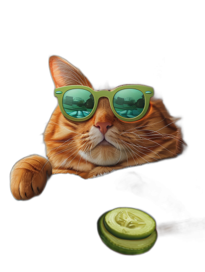 a photo of an orange cat wearing green sunglasses, sitting on black background with cucumber in front of it, hyper realistic, cute and funny, symmetrical composition, high resolution, high quality, high detail, portrait photography, sharp focus, cinematic lighting, illustration style, digital art, digital painting, concept art