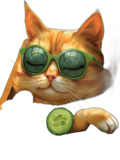 digital art of cool and fat orange cat ,wearing sunglasses with green cucumber on its eye, black background , chill expression , holding one Cucumber in the hand