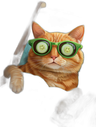 digital art of cute orange cat , wearing green sunglasses with cucumber on the lens, black background , chill and funny