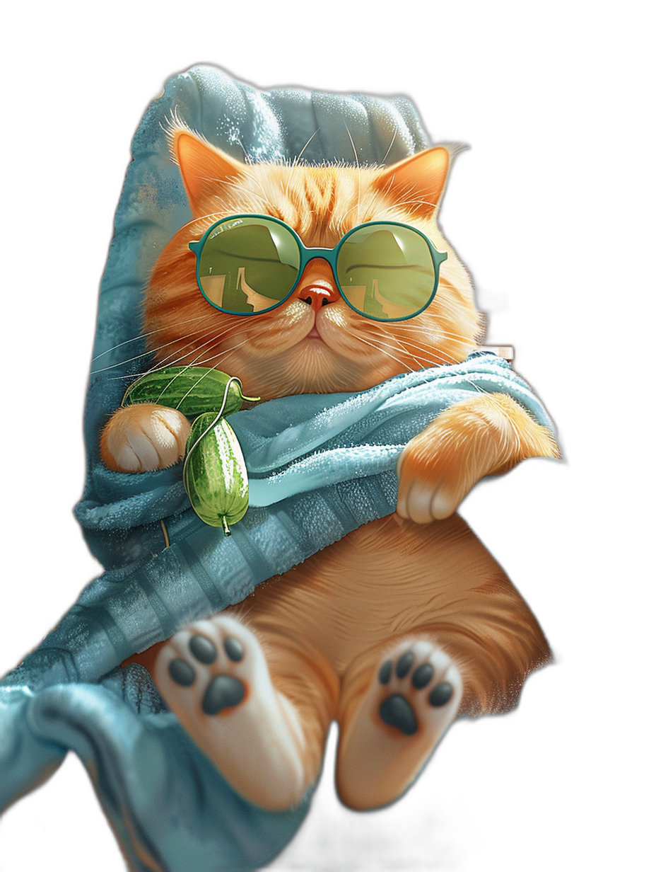 digital art of cute fat orange cat , wearing sunglasses and blue blanket, covered with towel , black background , chill happy smile expression , cool pose full body , cinematic lighting , painting illustration ,high details