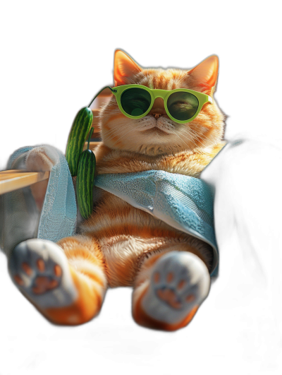 photorealistic cute orange cat with green sunglasses, sitting in the back seat of car holding cactus and wearing blue towel on black background