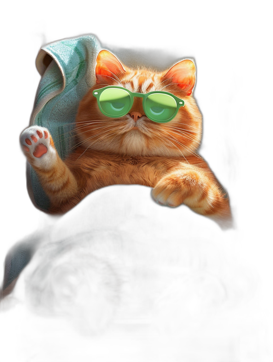 digital art of cute fat orange cat , wearing green sunglasses and blanket on the head, black background , chill expression , holding one paw up to camera