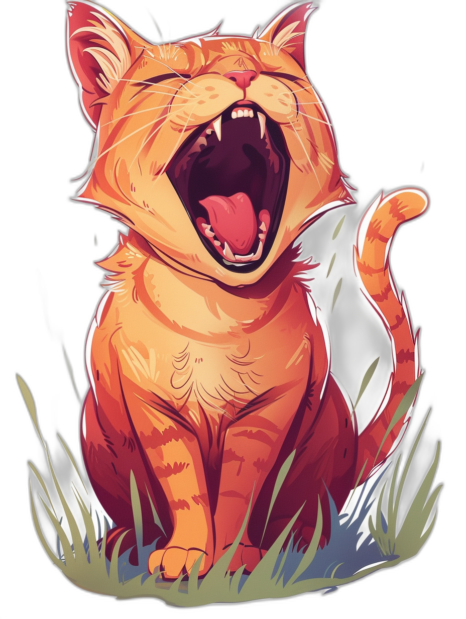 vector design of an orange cat laughing with its tongue out, on a black background in an anime style. The full body is visible with grass at its feet. Cartoon style. Isolated object on a white or transparent background so it can be decorated on t-shirts. Use only vibrant colors for coloring. No shadows or gradients. Vector illustration. Isolate the element on a white background. Focus on the face in the style of anime.