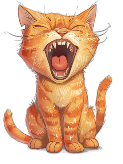 A cute cartoon illustration of an orange cat laughing with its mouth open, t-shirt design graphic, ultra detailed, isolated on black background