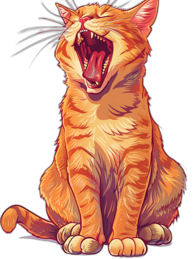 a vector design of an orange cat laughing out loud, with its mouth open showing teeth, cartoon style, ultra detailed, t-shirt graphicdesign , black background, clear outlines, in full body portrait style