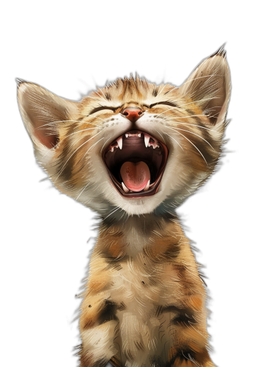 digital art of a cute kitten laughing with its mouth wide open against a black background in a happy and funny style.