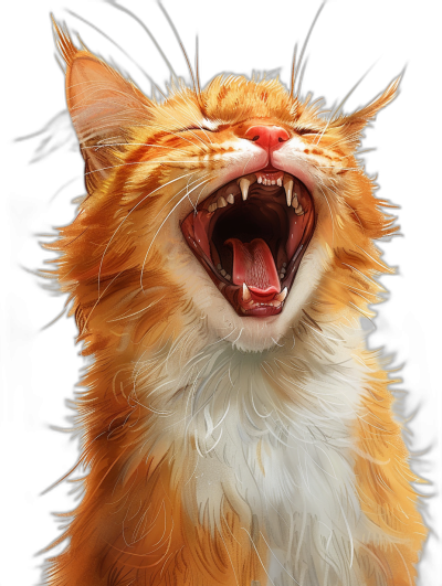 photorealistic portrait of an orange and white cat with its mouth open, mouth wide in the style of digital airbrushing on a black background with hyper-realistic details in a high resolution and detailed style. Fantasy-inspired art with a cartoonish character design rendered using the redshift engine.